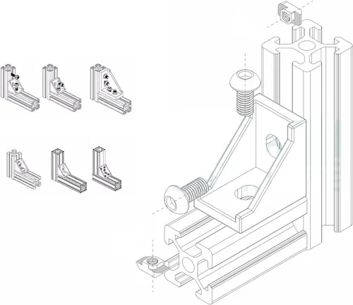 Vista 3 de Juego de conectores de perfil de aluminio de la serie 2020, 4 soportes de esquina, 8 tuercas M5 x 0.315 in, 8 tornillos de rosca de tapa hexagonal