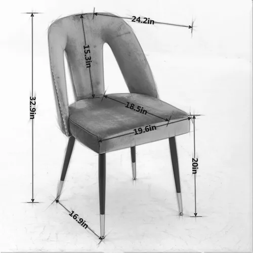 Vista 2 de Silla de comedor tapizada de terciopelo con patas de metal y respaldo abierto, decoración de remaches, silla auxiliar contemporánea, para comedor