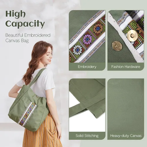Vista 4 de MAZEXY Bolso de mano para mujer, grande, de lona bordada, bolso de mano de gran