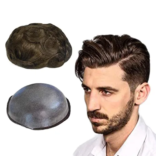 Vista 8 de Toupee para hombres, cabello humano para hombre, piezas de cabello de 0.002 in, piel suave y fina, un solo nudo, natural, ondulado, sistema