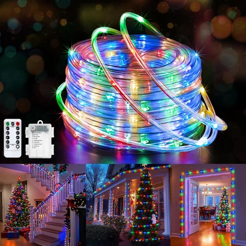Vista 13 de Jnaurb Paquete de 2 luces de cuerda a pilas para exteriores, total de 66 pies, 200 LED, 8 modos, funciona con pilas, luces de hadas de Navidad