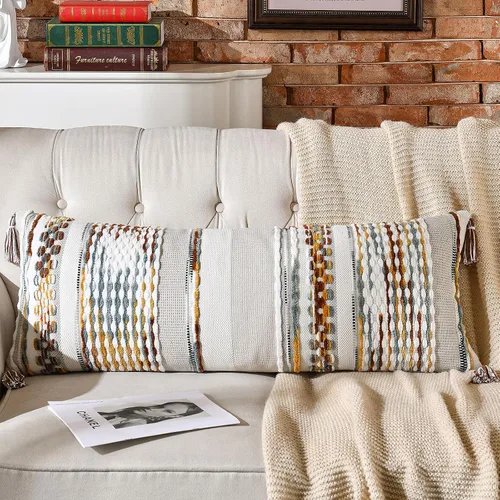 Vista 34 de AmHoo - Fundas de almohada de 18 x 18 pulgadas con borlas, fundas de almohada decorativas tejidas con textura de chenilla estilo boho para sofá