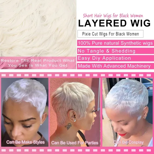 Vista 3 de Peluca Pixie blanca corta para mujeres negras, peluca blanca de corte pixie para mujeres negras, pelucas de pelo corto sintético en capas