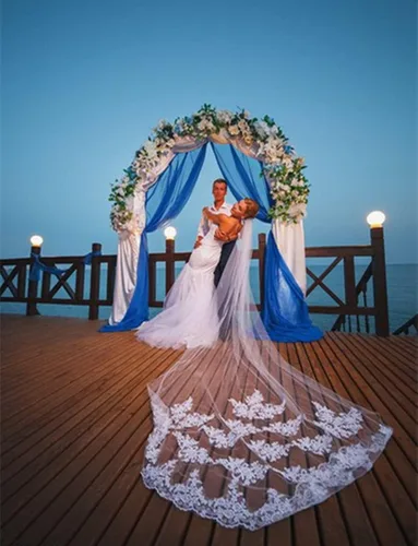 Vista 3 de Velo de boda de una sola capa Lianshi velo de novia bordado de encaje suministros de novia 9.8ft, Blanco