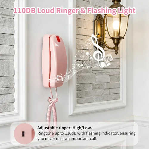 Vista 5 de Teléfono fijo rosa inspirado en el teléfono de princesa vintage de los años 90 con 110 DB+ timbre fuerte, teléfono de pared retro, no requiere