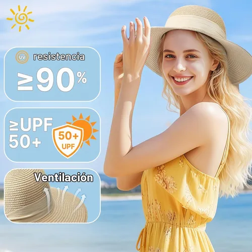 Vista 2 de Beach Hats for Women, Sun Straw Hat for Women, UPF 50+ UV Foldable Sun Hat Beige