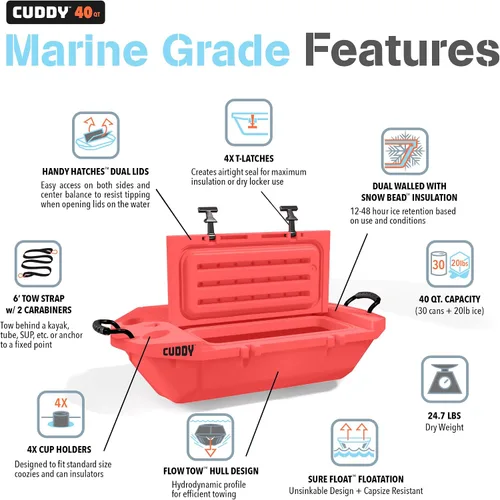 Vista 5 de CUDDY - Enfriador flotante y recipiente de almacenamiento en seco para tierra y agua, 40 cuartos de galón, ideal para río, playa, kayak, piscina