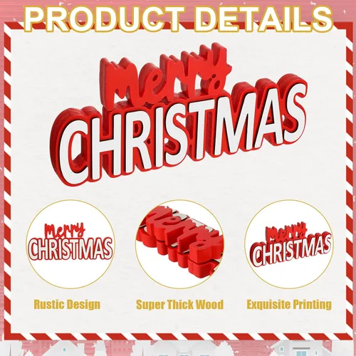 Vista 3 de 2 letreros de madera de Navidad con texto en inglés "Merry Christmas", centro de mesa, decoración de ventana de Navidad, bloques de adornos