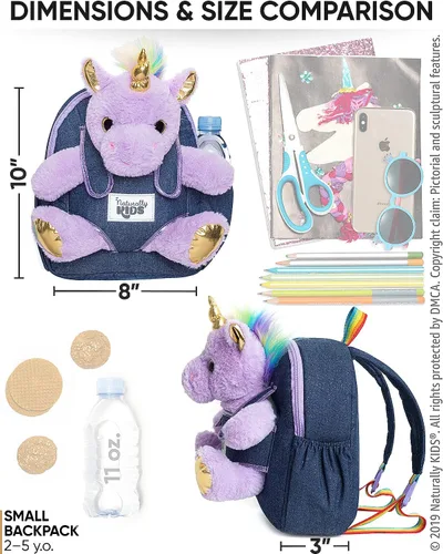 Vista 6 de Naturally KIDS Mochila para niños y niñas con animales de peluche, regalos para niños de 3, 4, 5, 6, 7 años, 01 Pequeño unicornio morado