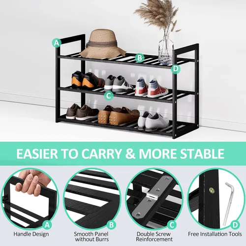 Vista 7 de Jripae Zapatero de bambú para entrada, estante organizador de zapatos apilable de 3 niveles, almacenamiento para 9-12 pares de zapatos, soporte