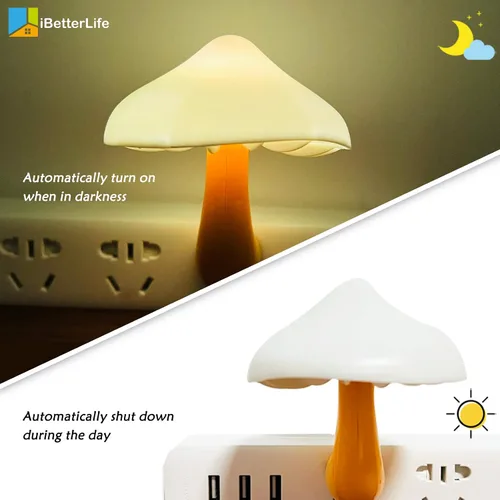 Vista 3 de iBetterLife [50 paquetes] Sensor LED de hongos luz nocturna enchufable de pared linda luz nocturna de hongos lámpara de dormitorio de ensueño