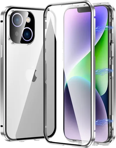 Vista 8 de Funda magnética transparente para iPhone 14 de vidrio con protector de lente de cámara, protector de pantalla integrado sensible al tacto Negro