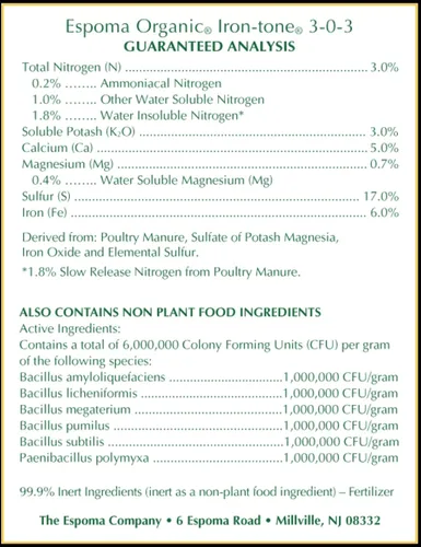 Vista 3 de Espoma Fertilizante orgánico de tono hierro 3-0-3 y alimento vegetal orgánico para ayudar a corregir la deficiencia de hierro (clorosis). Bolsa