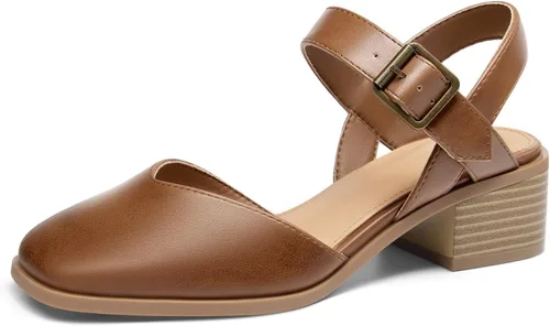 Vista 10 de Coutgo Zapatos de vestir de tacón bajo y grueso para mujer, con puntera cerrada, con correa de tobillo ajustable Beige