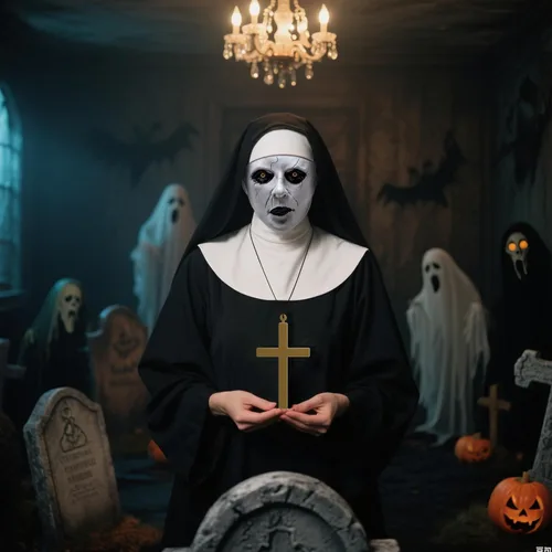 Vista 5 de PURPLE STAR 1N 2 Set/8 piezas de máscara de terror de monja de Halloween, accesorios de máscara de monja de cabeza completa, máscara de monjas