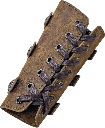 Vista 7 de Jeilwiy Brazaletes vikingos medievales de cuero para brazo de armadura de brazo, pulsera de cuero con guantelete punk para hombres y mujeres