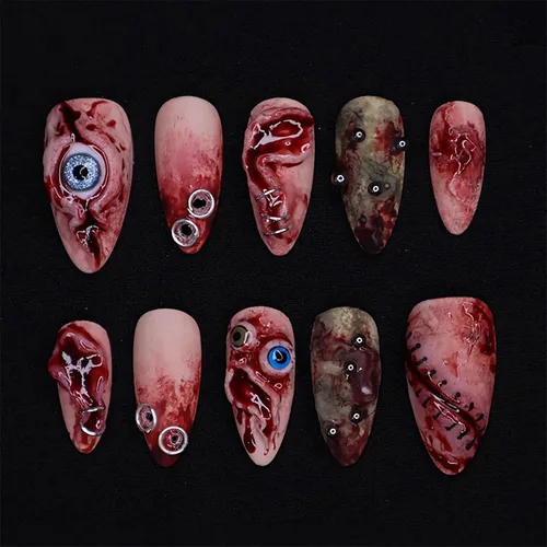 Vista 18 de Paquete de 6 144 uñas acrílicas de Halloween a presión, uñas postizas reutilizables de cobertura completa, uñas postizas adhesivas con pegamento