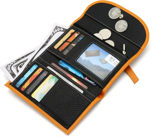 Vista 5 de Cartera de cuero genuino para mujer, con cierre de cremallera, monedero, monedero, gran capacidad, Negro -, Billetera triple