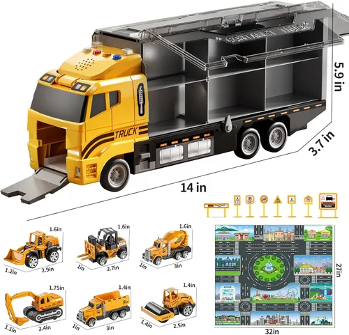 Vista 2 de TEMI Juego de camiones de construcción con alfombra de juego, juguetes de camión transportador para niños pequeños, juego de autos de juguete