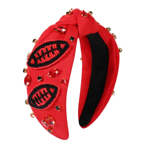 Vista 12 de Diademas anudadas de fútbol para mujer, diadema deportiva para el día del juego, diadema de cristal perlado con nudo superior ancho, accesorios