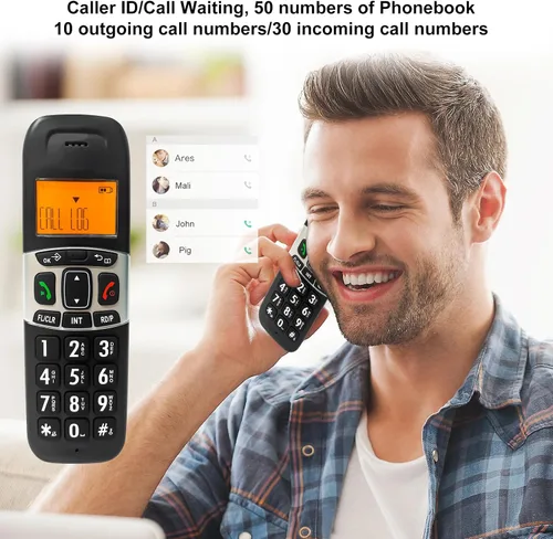Vista 4 de Teléfono inalámbrico Ornin D1004 para el hogar, tecnología ECO, pantalla LCD ámbar de 1.6 pulgadas, identificador de llamadas, botones grandes
