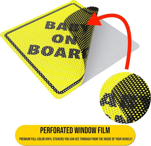 Vista 5 de Letrero adhesivo para bebé a bordo, esencial para automóviles, paquete de 2, 5.5 x 5.5 pulgadas, amarillo brillante y transparente en la ventana
