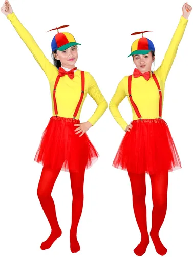 Vista 7 de 6 sombreros de payaso con parte superior de arcoíris, pajarita en Y, tirantes estilo tutus, falda tutú, medias con pies, camiseta amarilla para mujer