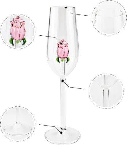 Vista 3 de Copa de vino rosa con rosa en el interior, copa de vino de flor única, copas de cóctel, copas de champán de cristal, copa de vino tinto para boda