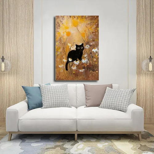 Vista 5 de Fyzuf Arte de pared de gato, pintura al óleo sobre lienzo, póster de lindo cubismo de gato, colorido, lindo, gatos, decoración estética, habitación