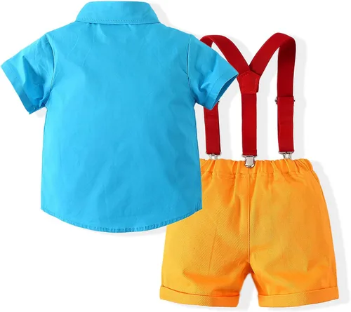 Vista 3 de Kimocat Conjunto de traje casual de verano para bebé y niño manga corta pajarita tirantes y pantalones cortos