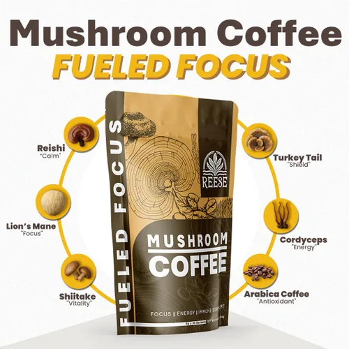 Vista 3 de Café orgánico de hongos – Enfoque alimentado con Reishi, melena de león, cordyceps y cola de pavo – Alivio del estrés, salud cerebral, energía