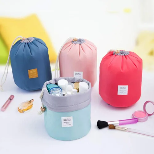 Vista 2 de Estuches de viaje cosméticos, cilíndrico portátil lavado bolsa de almacenamiento con cordón organizador de cosméticos de viaje azul, Azul