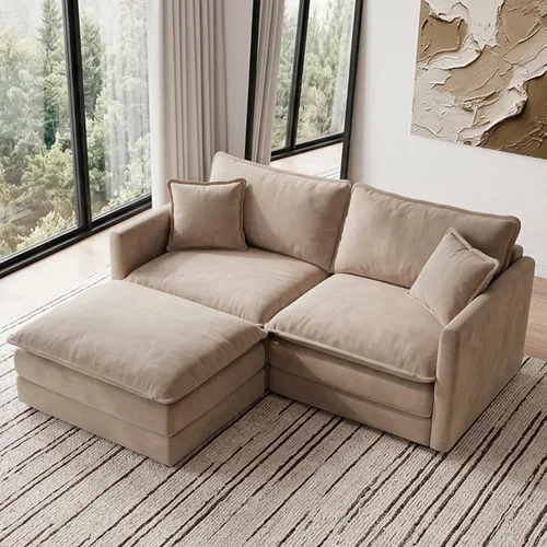 Vista 82 de Sofá individual modular de chenilla con otomana, sofá nube con almohada, color beige