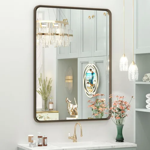 Vista 14 de OKPAL - Espejo de tocador de baño de 20x24 pulgadas con marco de metal cepillado en bronce, espejo de baño con marco de metal cepillado en bronce