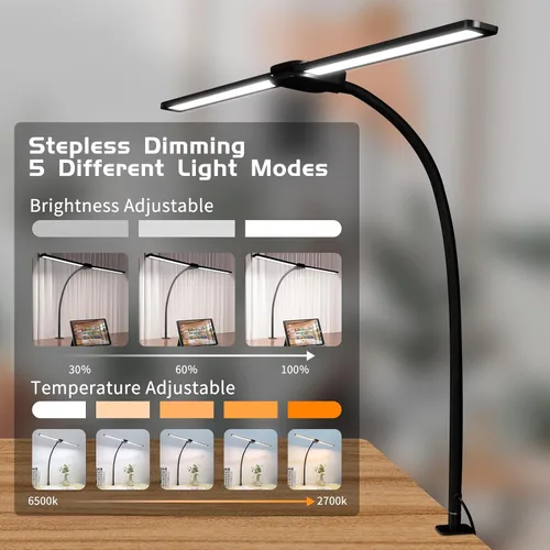 Vista 3 de Lámpara de escritorio LED con dos cabezales, lámpara de escritorio con abrazadera, 12W, 2000 LMS, CRI>90, 5 modos de color (2700K-6500K), varios
