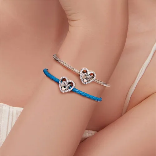 Vista 3 de BISAER Abalorio de plata de ley 925 con cuentas de cristal azul Hamsa para pulsera Pandora