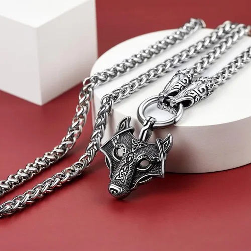 Vista 8 de FaithHeart Collar grueso de collar vikingo nórdico punk, de acero inoxidable, nudo celta, cabeza de lobo, amuleto, joyería de regalo
