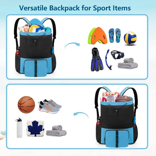 Vista 7 de Fasrom Mochila de playa de malla con cremallera inferior, mochila deportiva para gimnasio, natación, playa, piscina y viajes (diseño patente), Azul