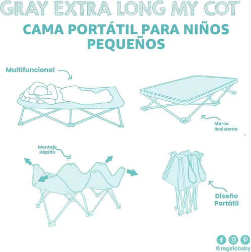 Vista 10 de Regalo My Cot - Cama portátil extralarga, incluye una sábana bajera, gris, 54 x 28 x 12 pulgadas, paquete de 1 unidad