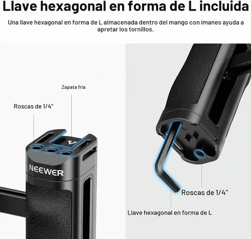 Vista 4 de NEEWER Mango lateral ligero, mango de jaula de cámara con agarre de silicona contorneado, tornillos dobles de 1/4 pulgadas, roscas de 1/4 pulgadas
