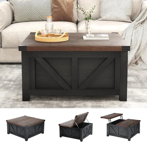 Vista 5 de jimeimen - Mesa de centro elevable de estilo granja con almacenamiento, mesa central cuadrada de madera con estación de carga y puerto USB, mesa
