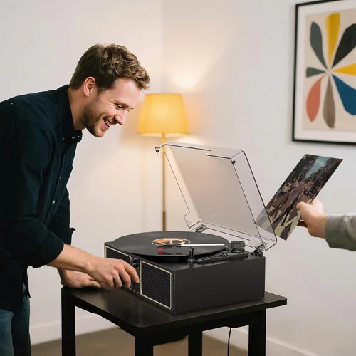 Vista 9 de Tocadiscos de vinilo Bluetooth, reproductor LP de 3 velocidades con altavoces, reproductor de discos retro para discos de vinilo, salida RCA AUX