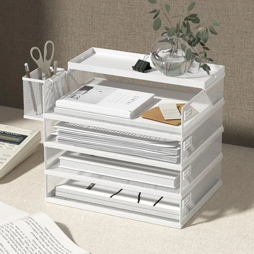 Vista 7 de FANXIYQ Bandejas de Metal Apilables para Cartas, Organizador de Escritorio de 4 Niveles y Bandejas de Papel para Oficina, Bandejas Apilables