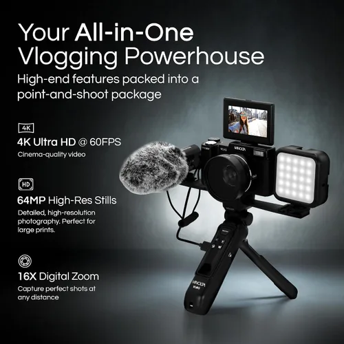 Vista 3 de Minolta Kit de cámara VLOG de 64MP 4K60FPS - Videocámara digital de enfoque automático con trípode, control remoto, micrófono, luz LED, pantalla LCD