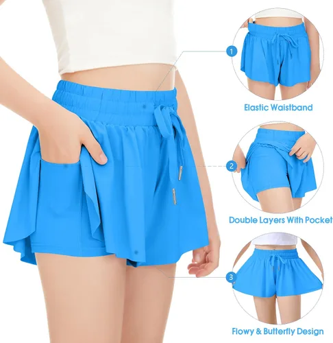 Vista 3 de Paquete de 2 pantalones cortos de mariposa para niños y niñas, pantalones cortos holgados con bolsillo 2 en 1, pantalones cortos deportivos