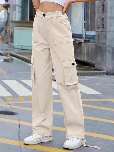 Vista 2 de ZMPSIISA Pantalones cargo de cintura alta para mujer, pantalones casuales de pierna ancha, 6 bolsillos, pantalones militares de combate