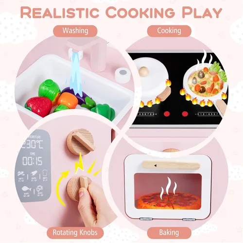 Vista 2 de Costzon Juego de cocina para niños, juguete interactivo para niños pequeños con horno, estufa, fregadero, grifo, espacio de almacenamiento