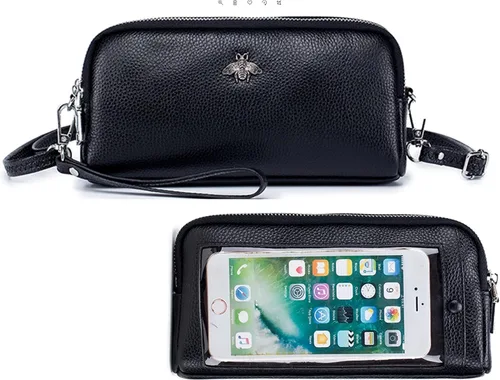 Vista 8 de Cuero genuino pantalla táctil teléfono bolso bolso bolso cartera cartera para mujeres niñas L1- Negro