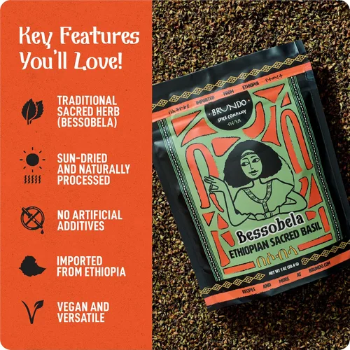 Vista 7 de Brundo Spices Bessobela Auténtica albahaca sagrada etíope Recogida y procesada a mano Cosechada e importada de Etiopía Sin OMG Orgánico