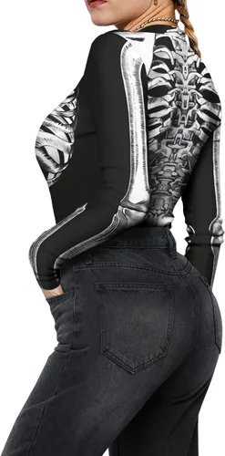 Vista 3 de Enterizo de esqueleto para mujer, con cremallera, traje sexy de una pieza para Halloween
